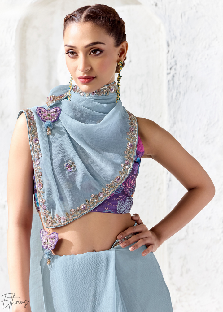 Ice Blue Scattered Motif Organza Silk Saree