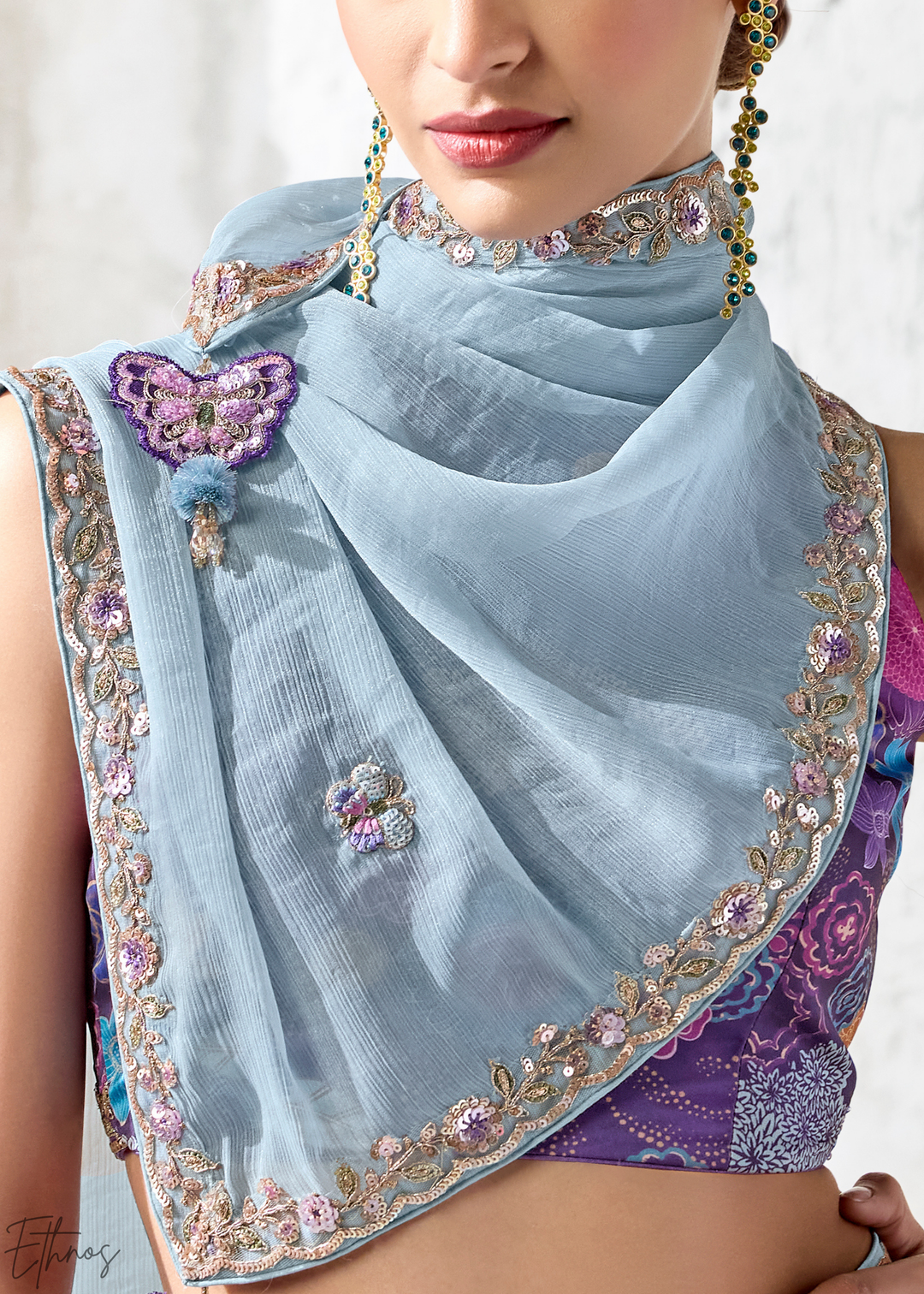 Ice Blue Scattered Motif Organza Silk Saree