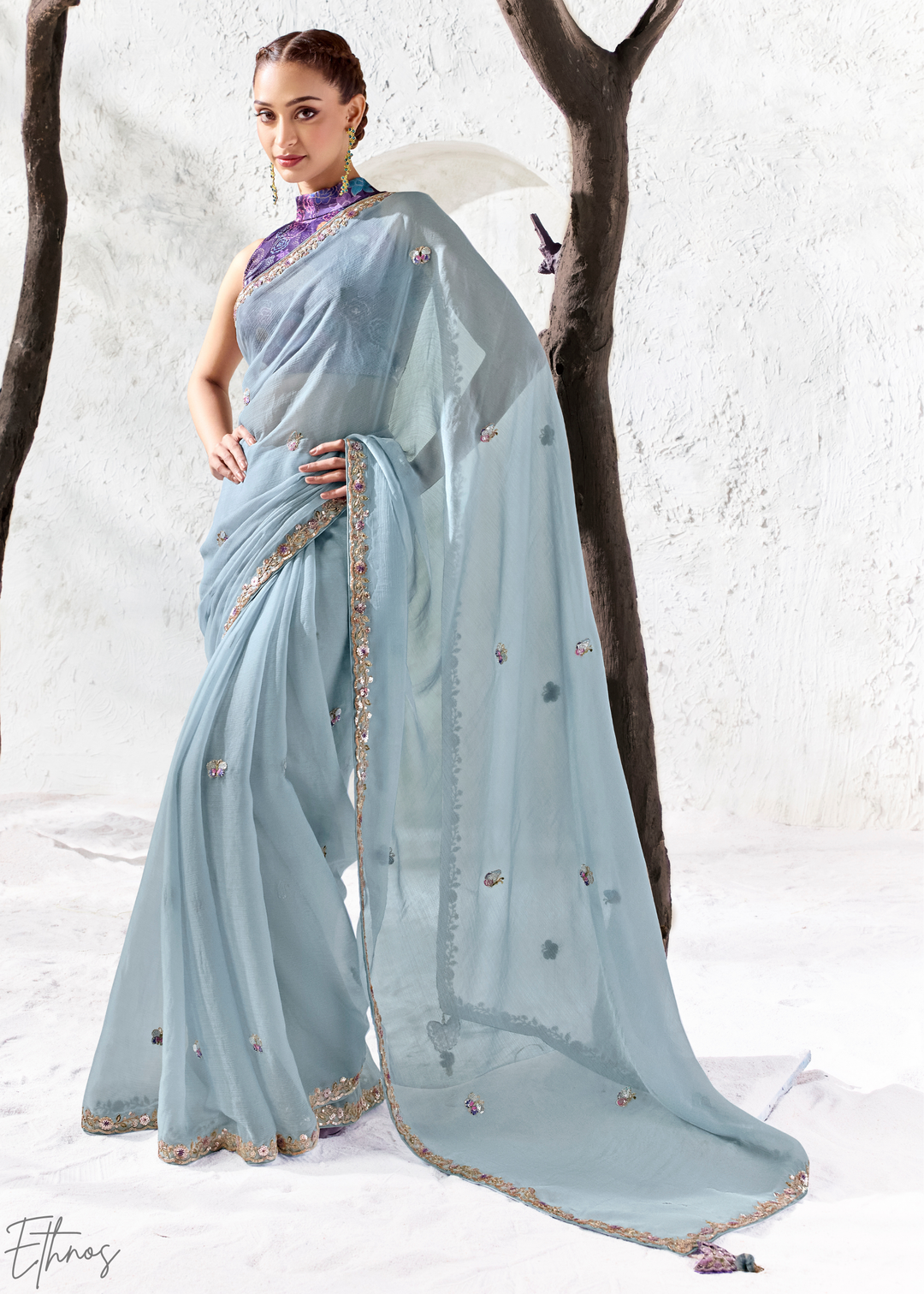 Ice Blue Scattered Motif Organza Silk Saree