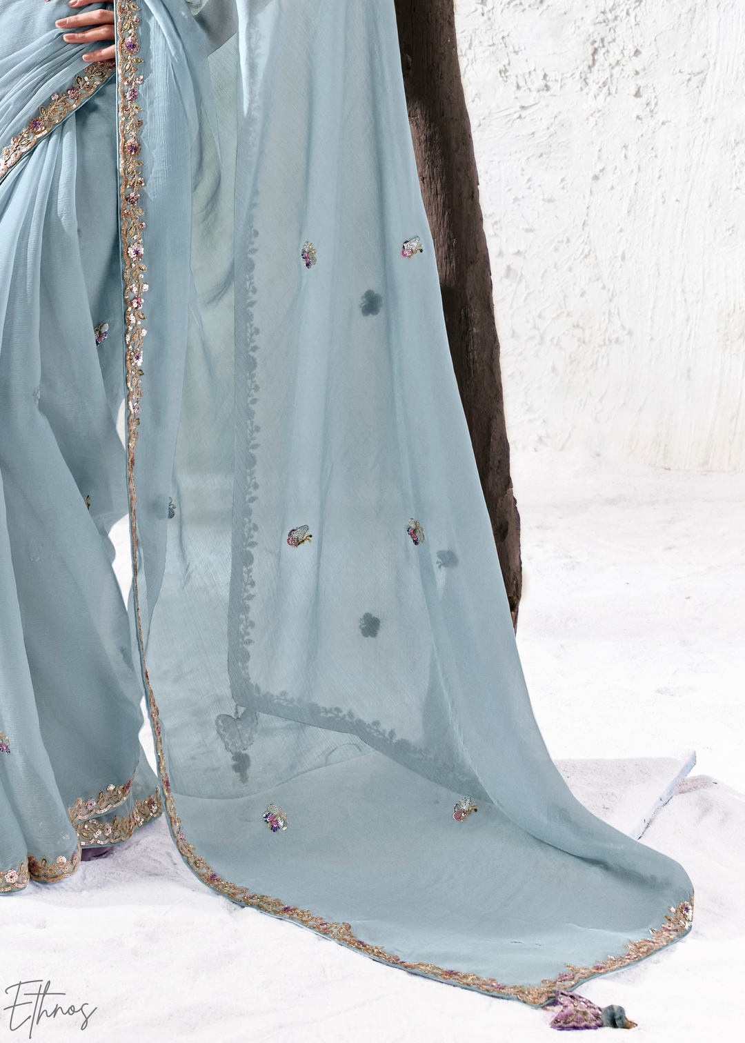 Ice Blue Scattered Motif Organza Silk Saree