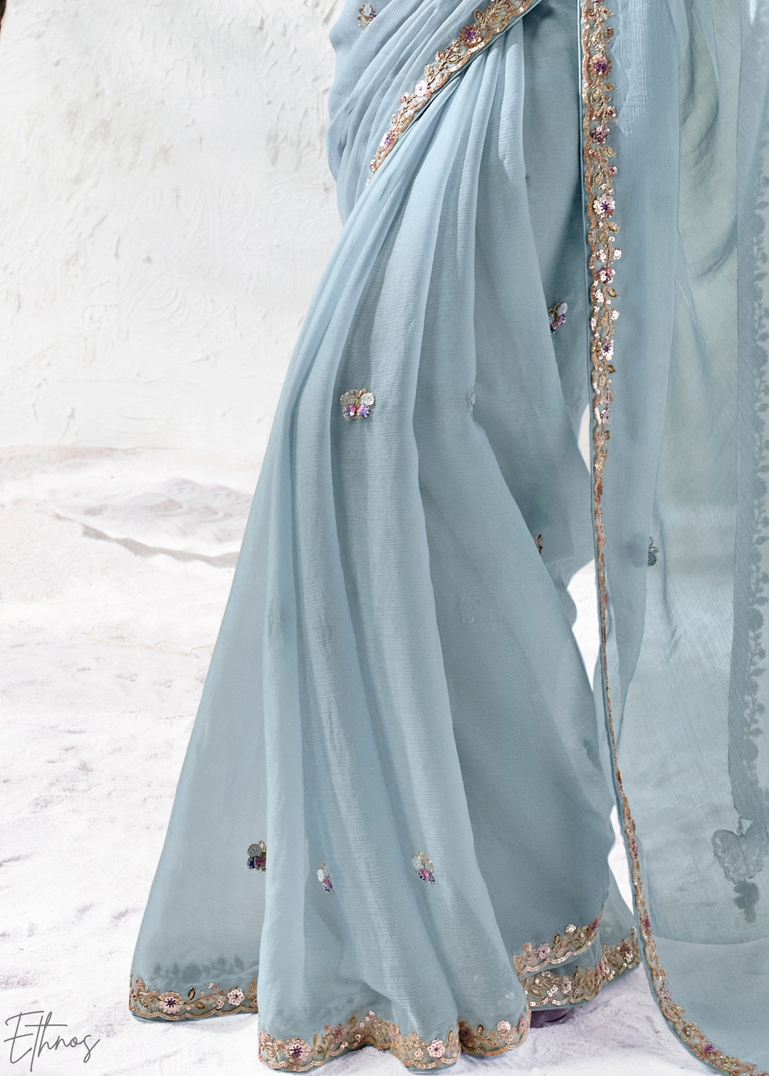 Ice Blue Scattered Motif Organza Silk Saree