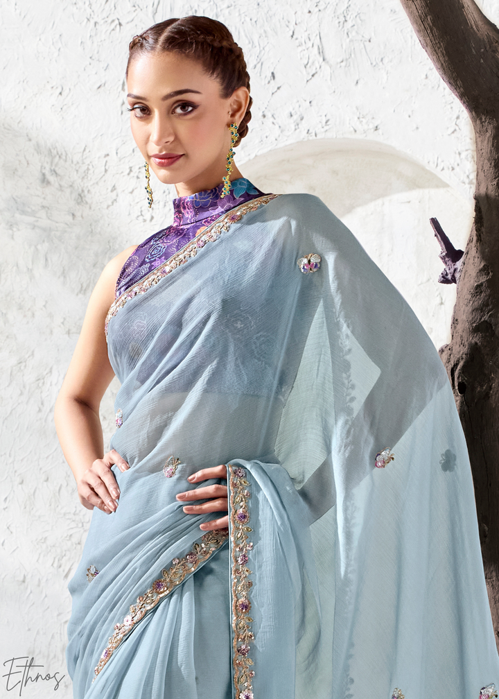Ice Blue Scattered Motif Organza Silk Saree