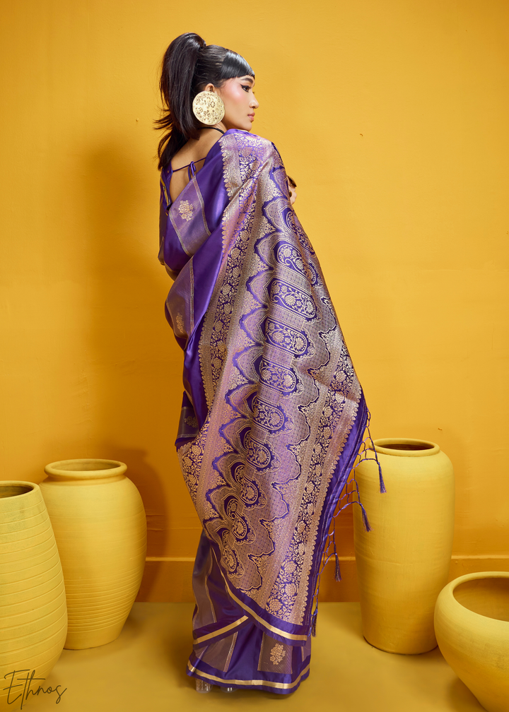 Imperial Iris Gold-Infused Jacquard Satin Silk Saree