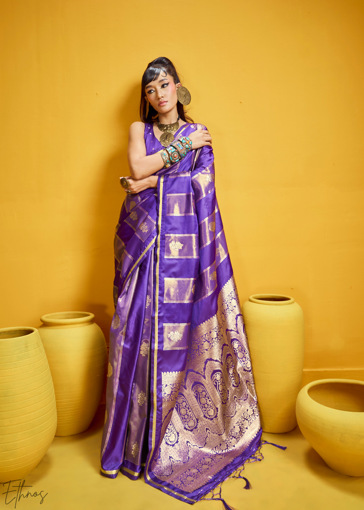 Imperial Iris Gold-Infused Jacquard Satin Silk Saree