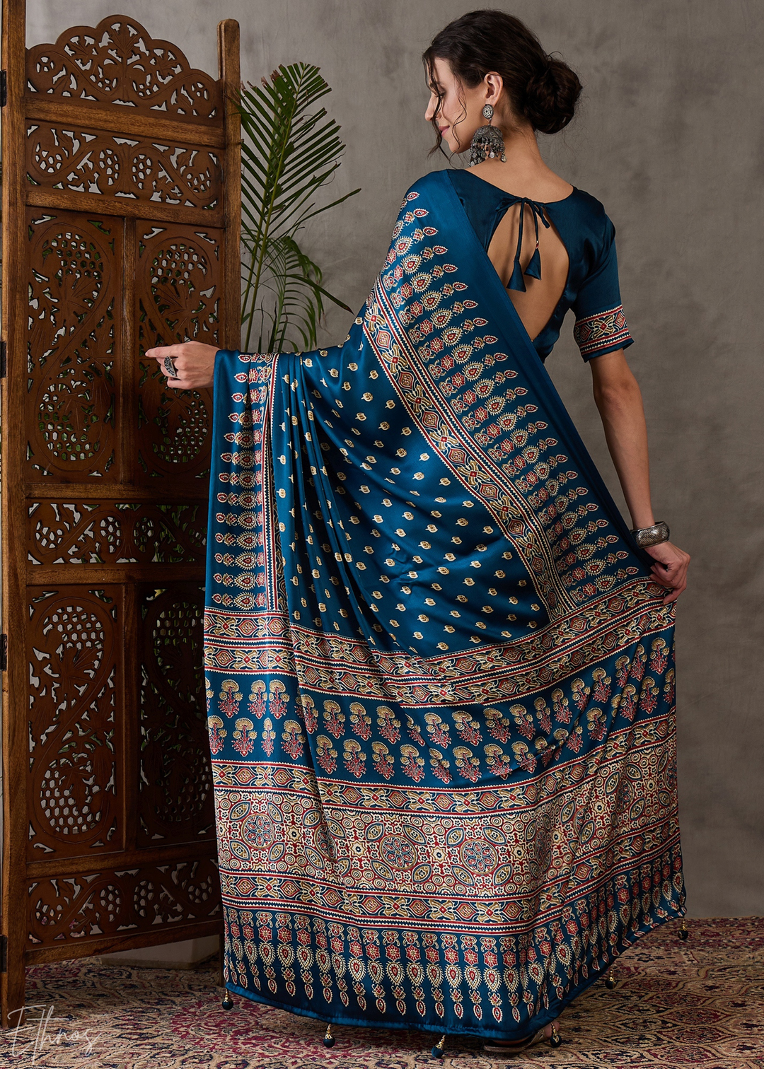 Midnight Indigo Mosaic Print Semi-Modal Silk Saree