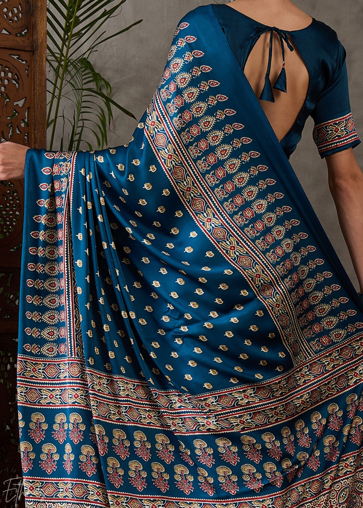 Midnight Indigo Mosaic Print Semi-Modal Silk Saree