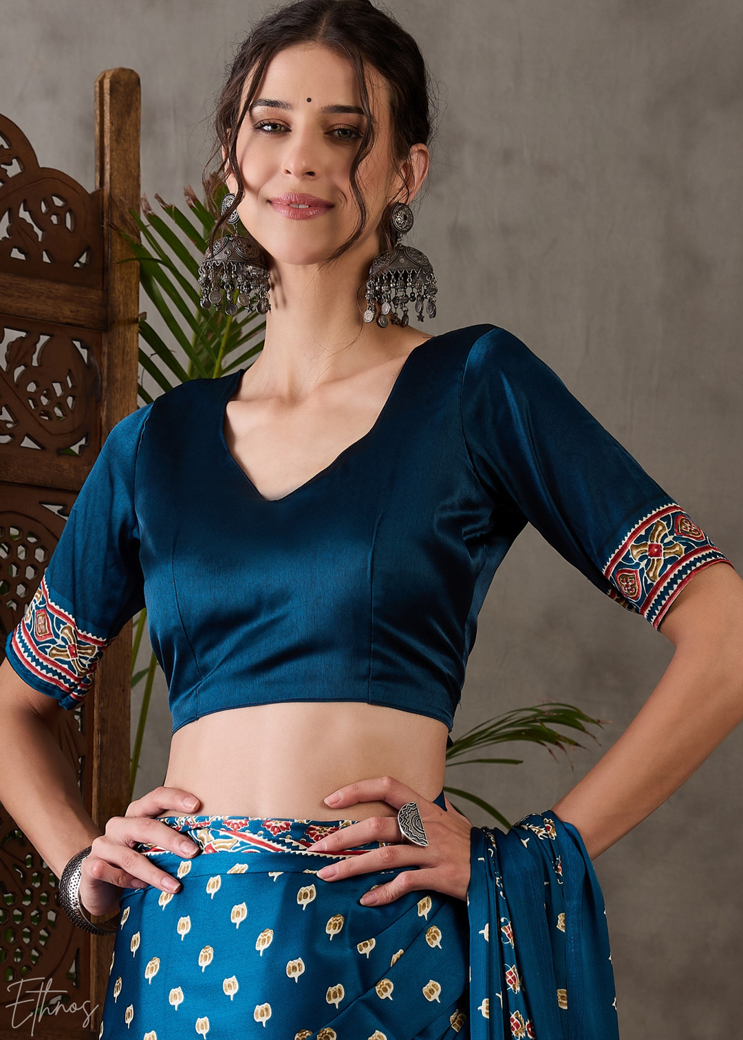 Midnight Indigo Mosaic Print Semi-Modal Silk Saree