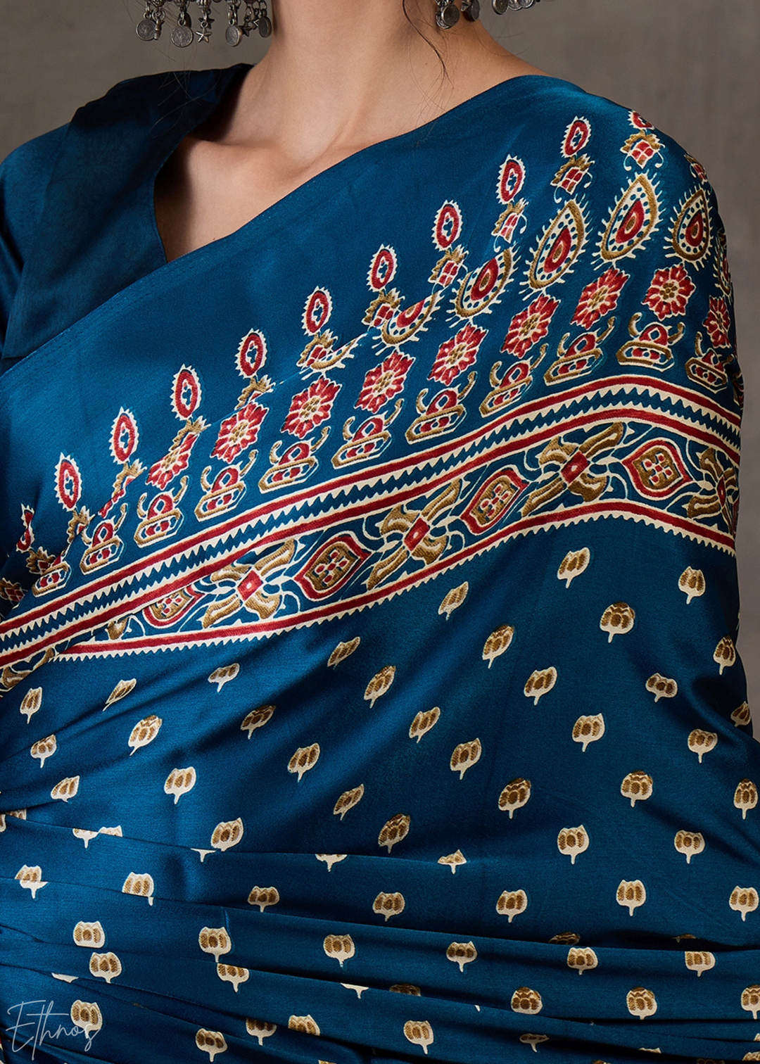 Midnight Indigo Mosaic Print Semi-Modal Silk Saree