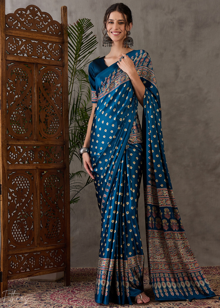 Midnight Indigo Mosaic Print Semi-Modal Silk Saree