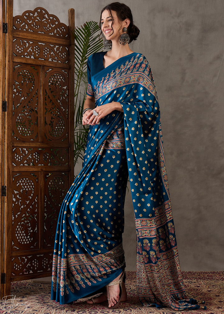 Midnight Indigo Mosaic Print Semi-Modal Silk Saree