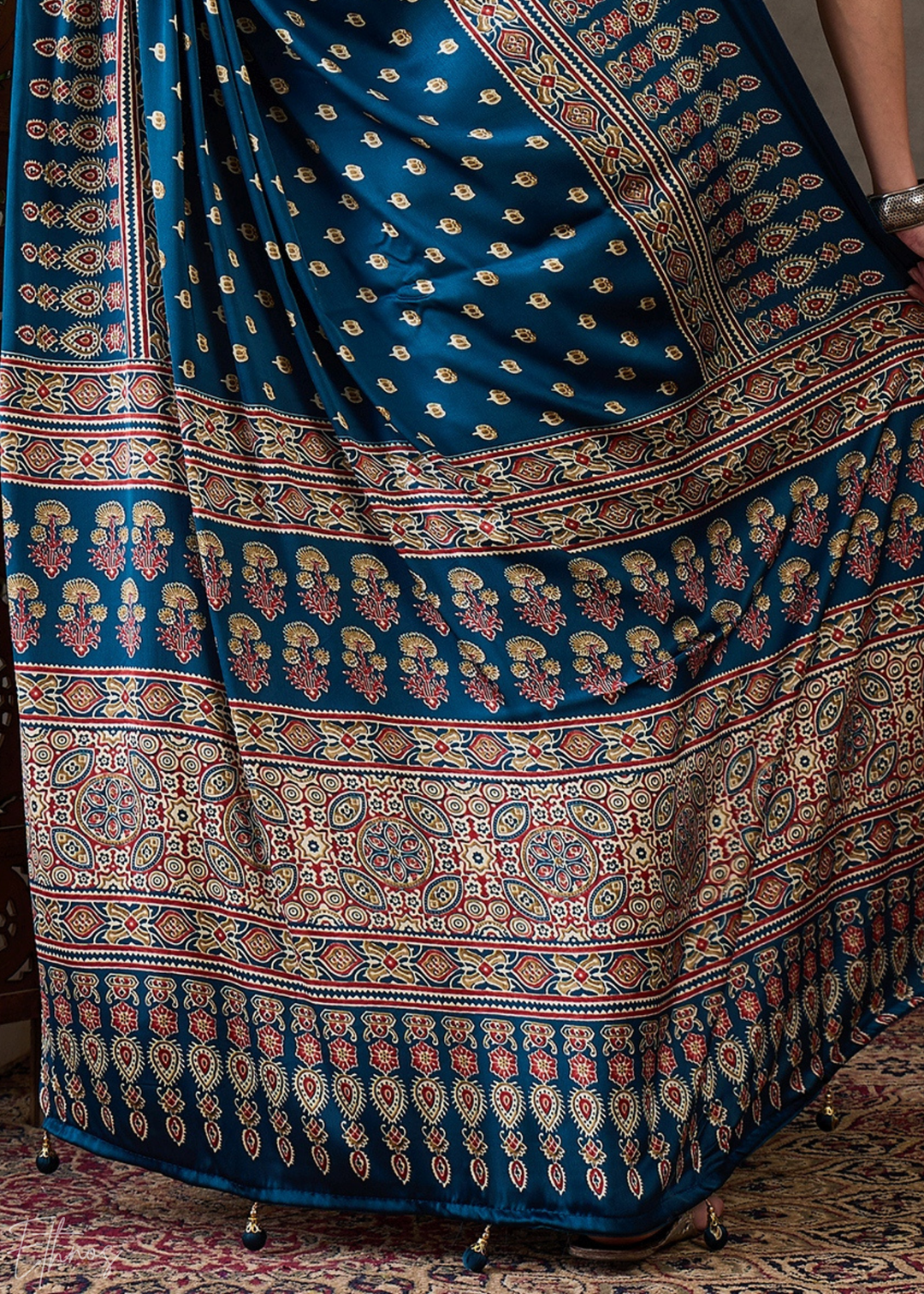 Midnight Indigo Mosaic Print Semi-Modal Silk Saree
