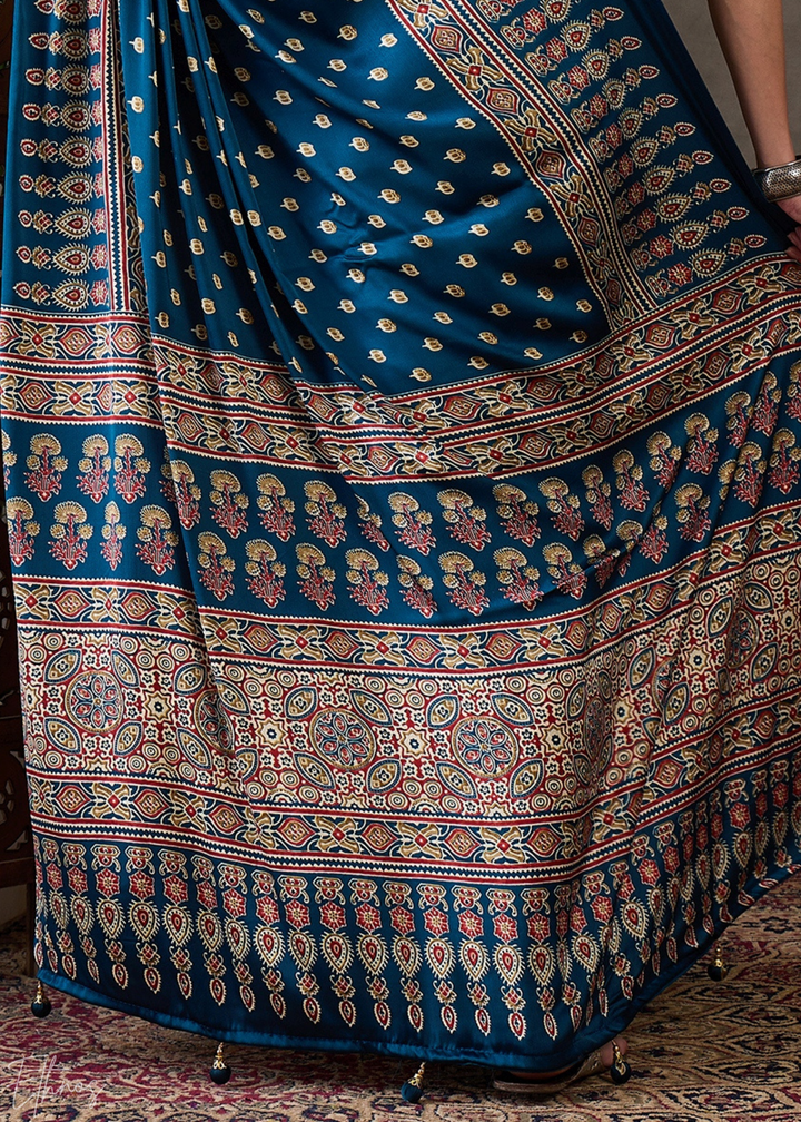 Midnight Indigo Mosaic Print Semi-Modal Silk Saree