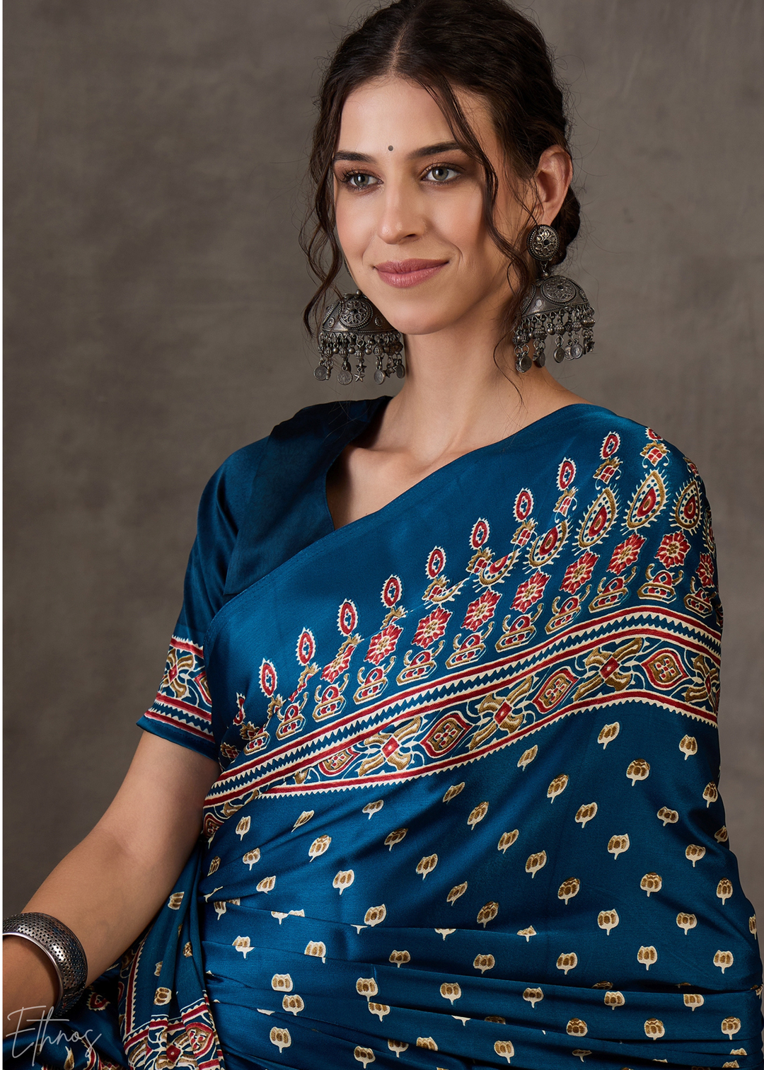 Midnight Indigo Mosaic Print Semi-Modal Silk Saree