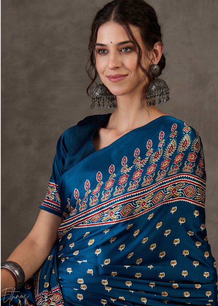 Midnight Indigo Mosaic Print Semi-Modal Silk Saree