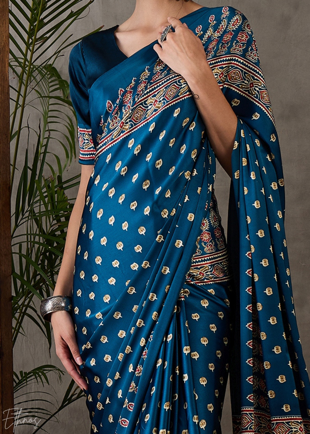 Midnight Indigo Mosaic Print Semi-Modal Silk Saree