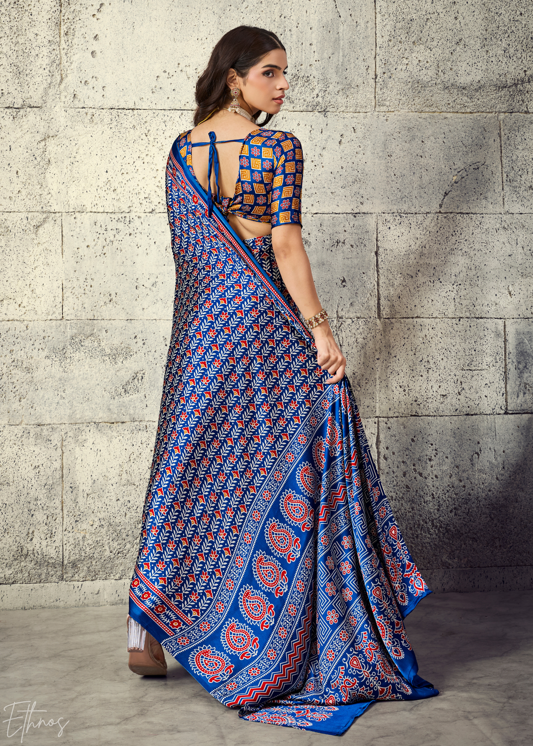 Indigo Blue Ajrakh Printed Modal Satin Saree