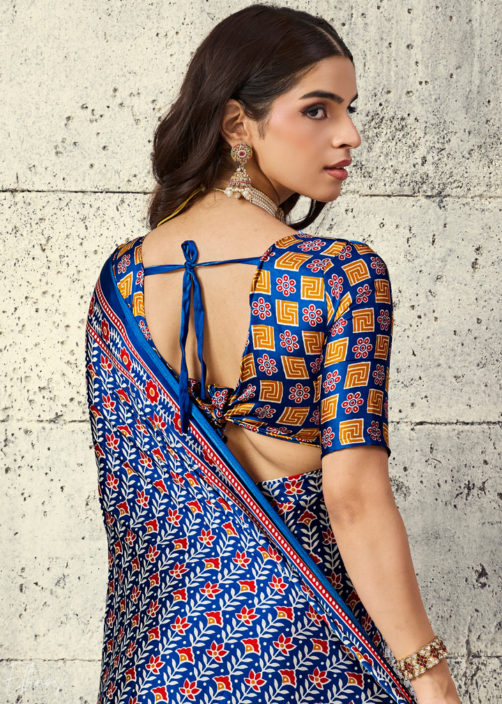 Indigo Blue Ajrakh Printed Modal Satin Saree
