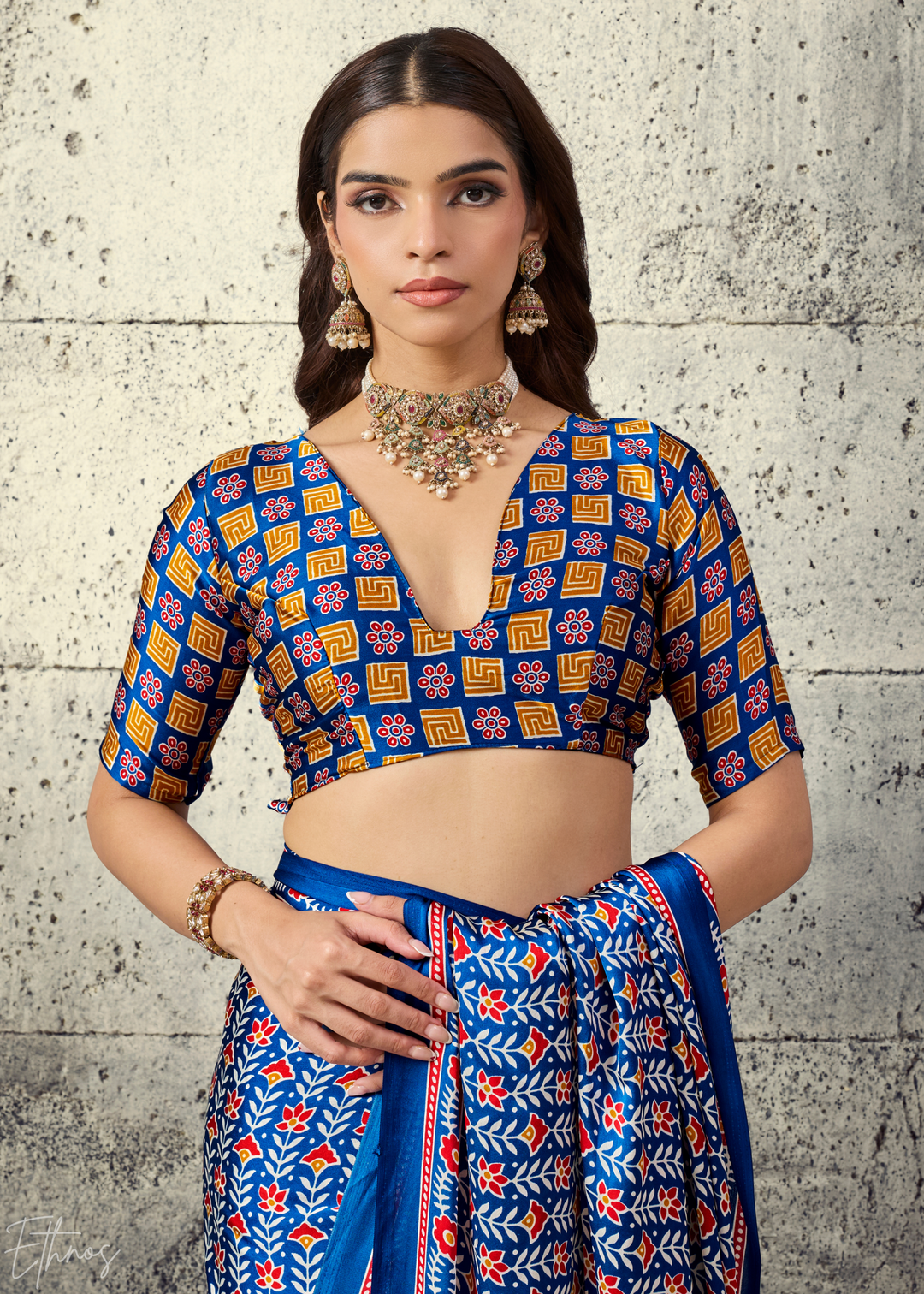 Indigo Blue Ajrakh Printed Modal Satin Saree