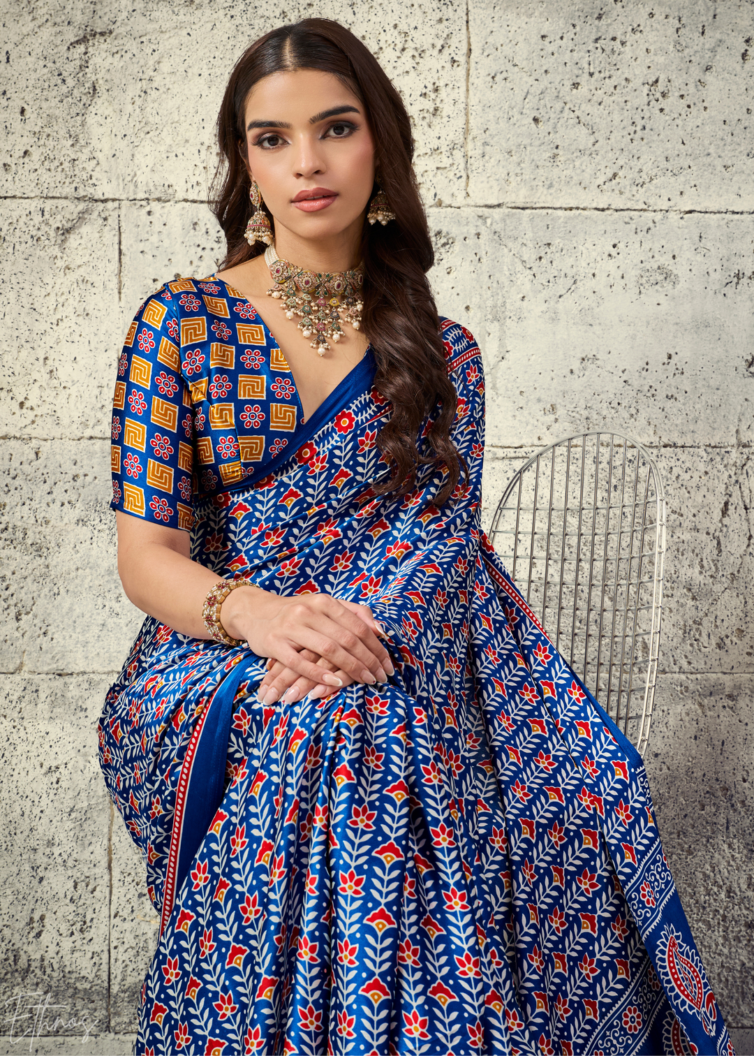Indigo Blue Ajrakh Printed Modal Satin Saree