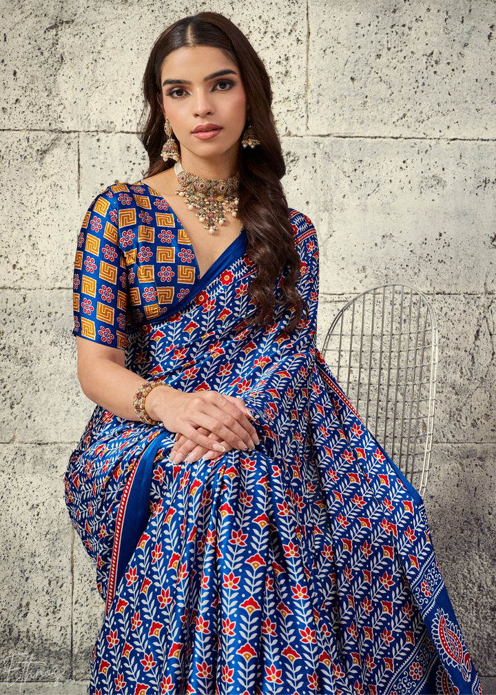 Indigo Blue Ajrakh Printed Modal Satin Saree