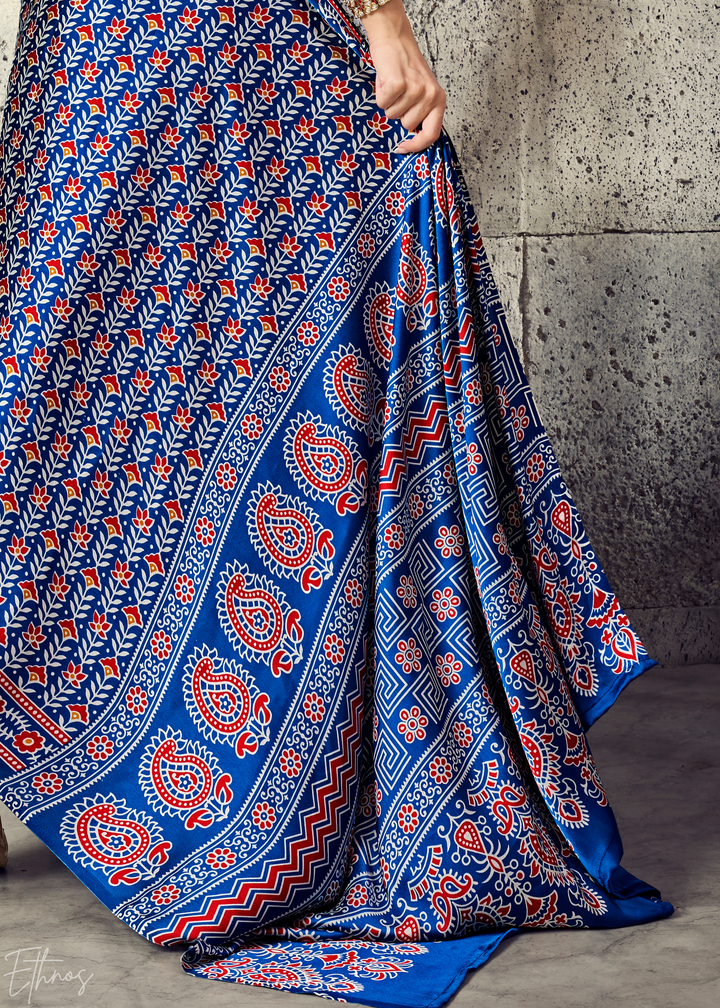 Indigo Blue Ajrakh Printed Modal Satin Saree