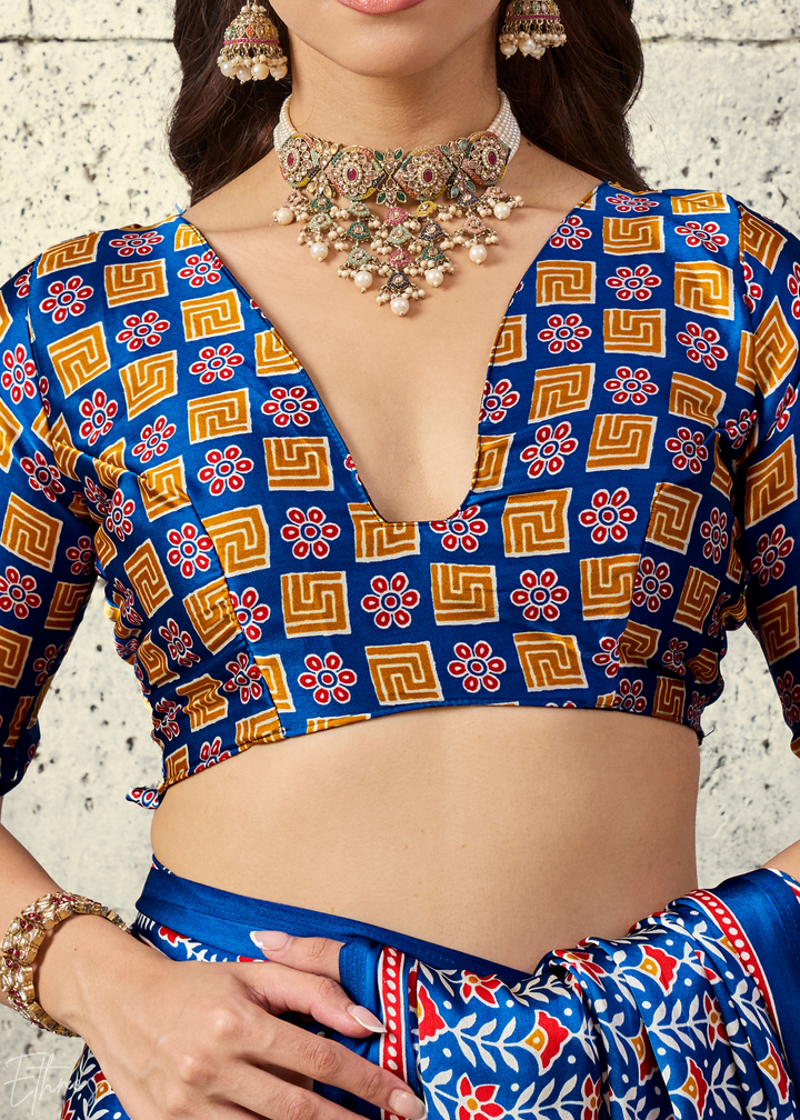 Indigo Blue Ajrakh Printed Modal Satin Saree