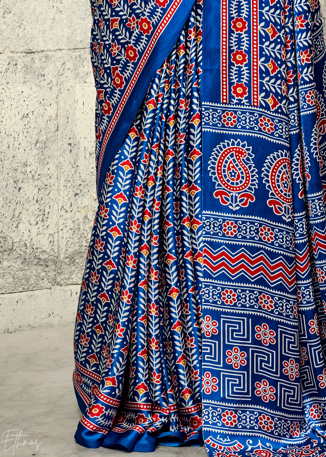 Indigo Blue Ajrakh Printed Modal Satin Saree