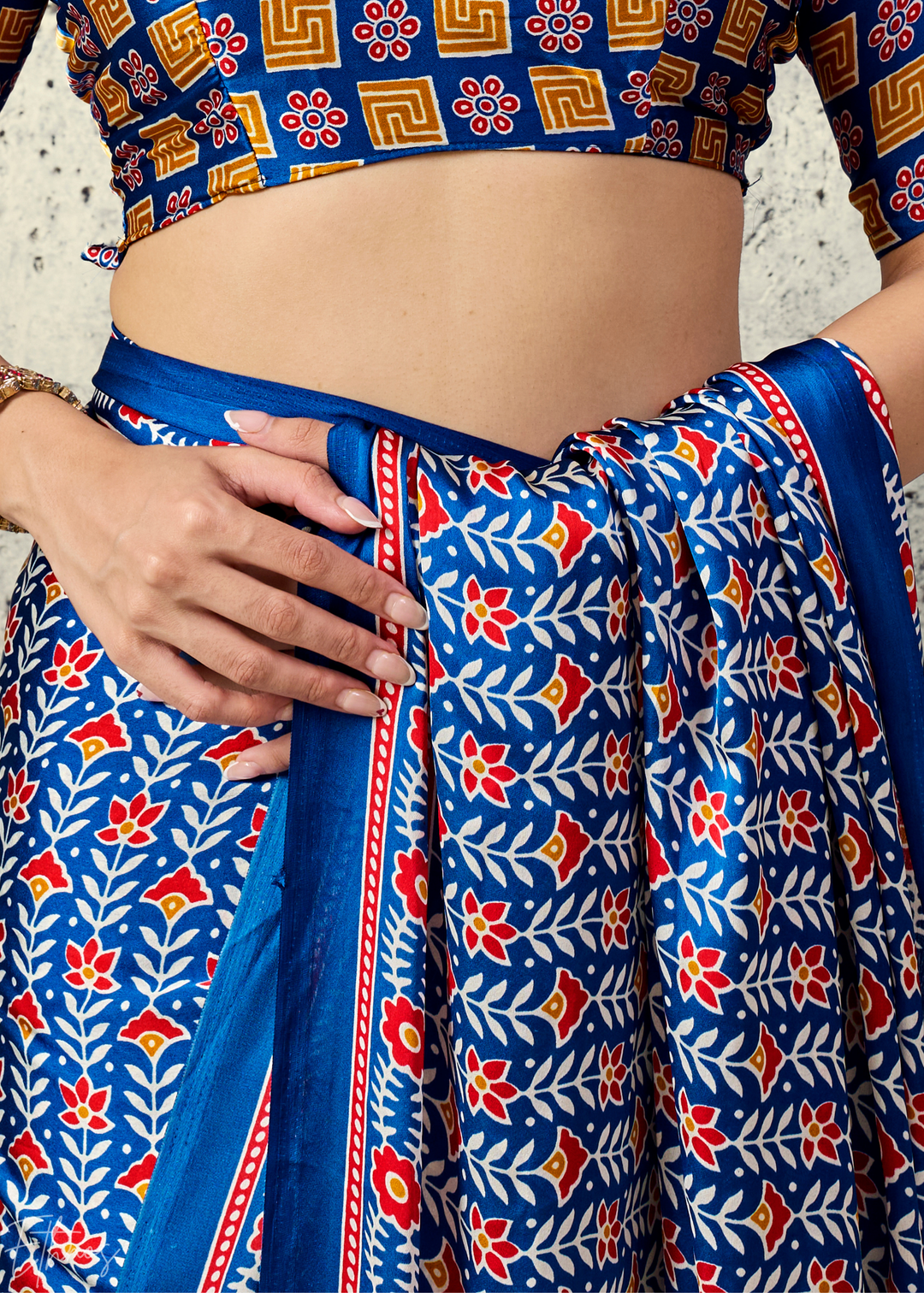 Indigo Blue Ajrakh Printed Modal Satin Saree