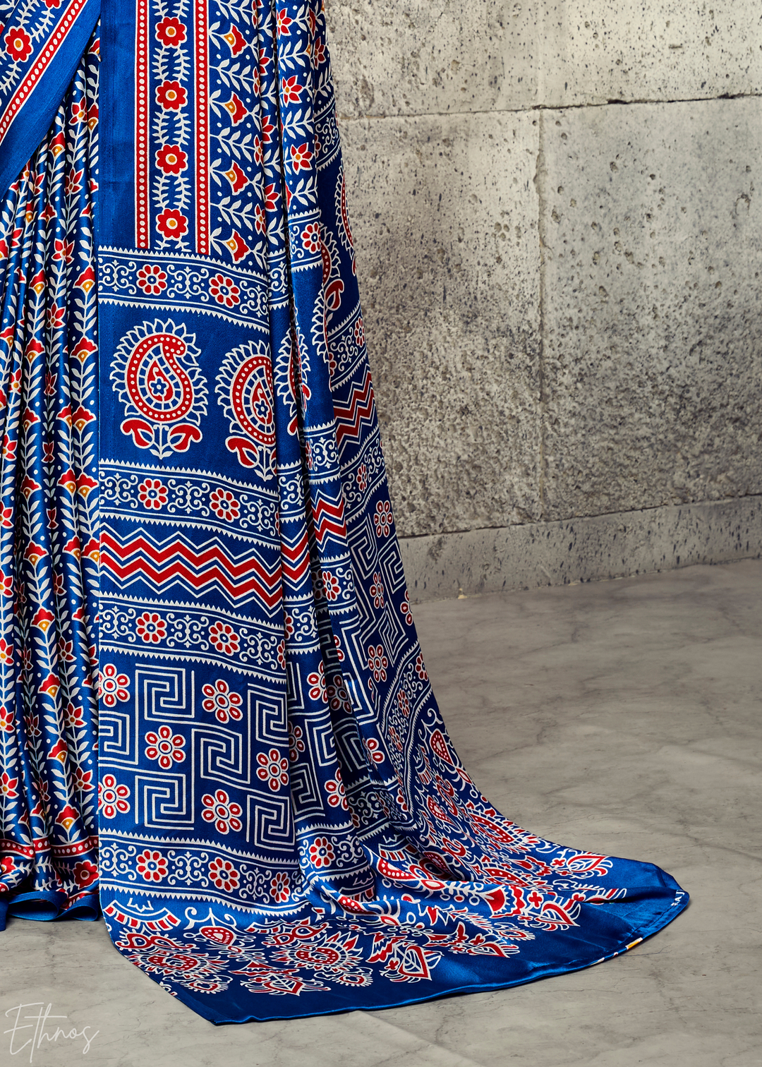 Indigo Blue Ajrakh Printed Modal Satin Saree