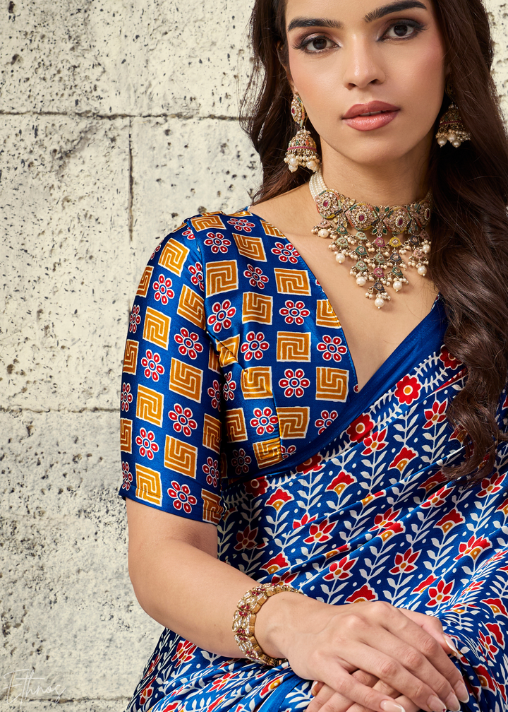 Indigo Blue Ajrakh Printed Modal Satin Saree