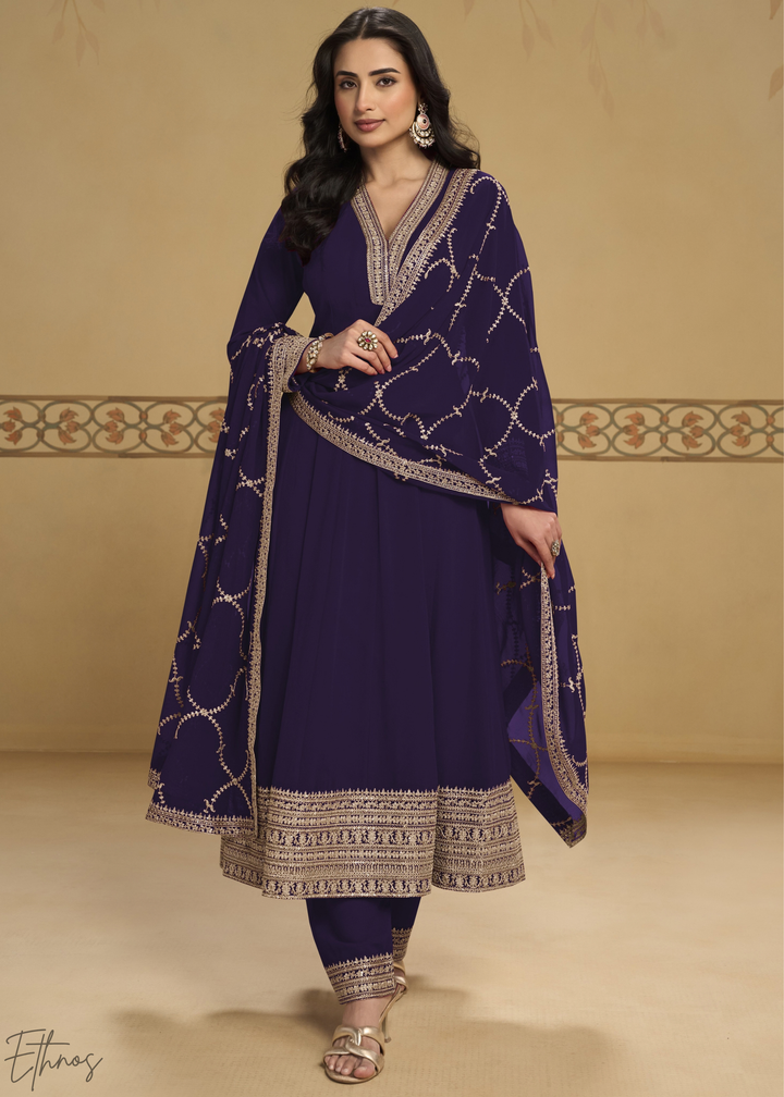 Indigo Embroidered Georgette Anarkali Suit
