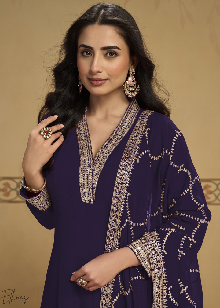 Indigo Embroidered Georgette Anarkali Suit
