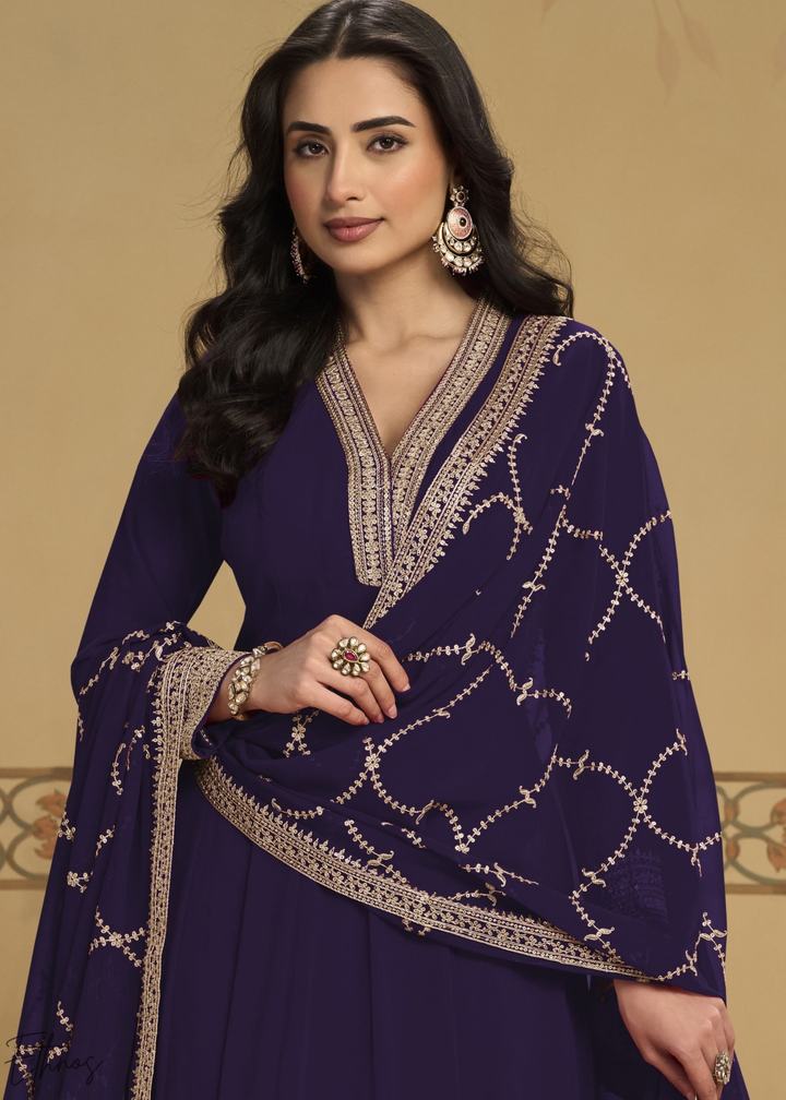 Indigo Embroidered Georgette Anarkali Suit