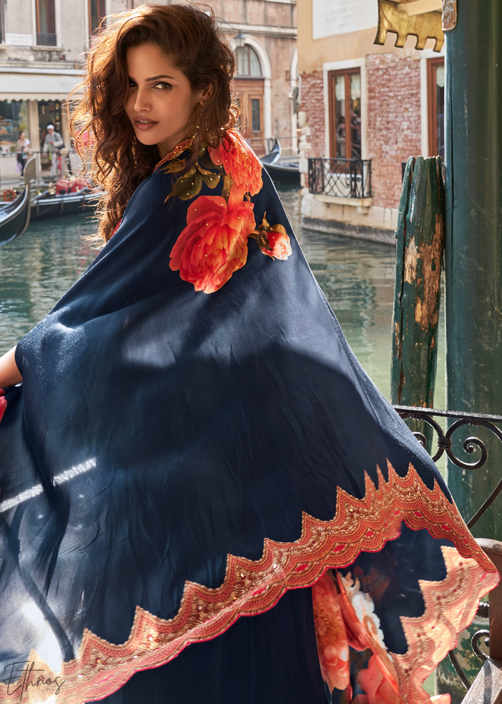 Indigo Crepe Floral Cape Cowl Skirt Set