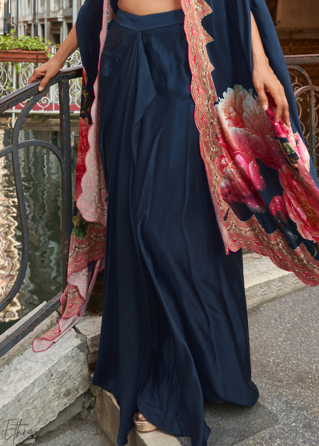 Indigo Crepe Floral Cape Cowl Skirt Set