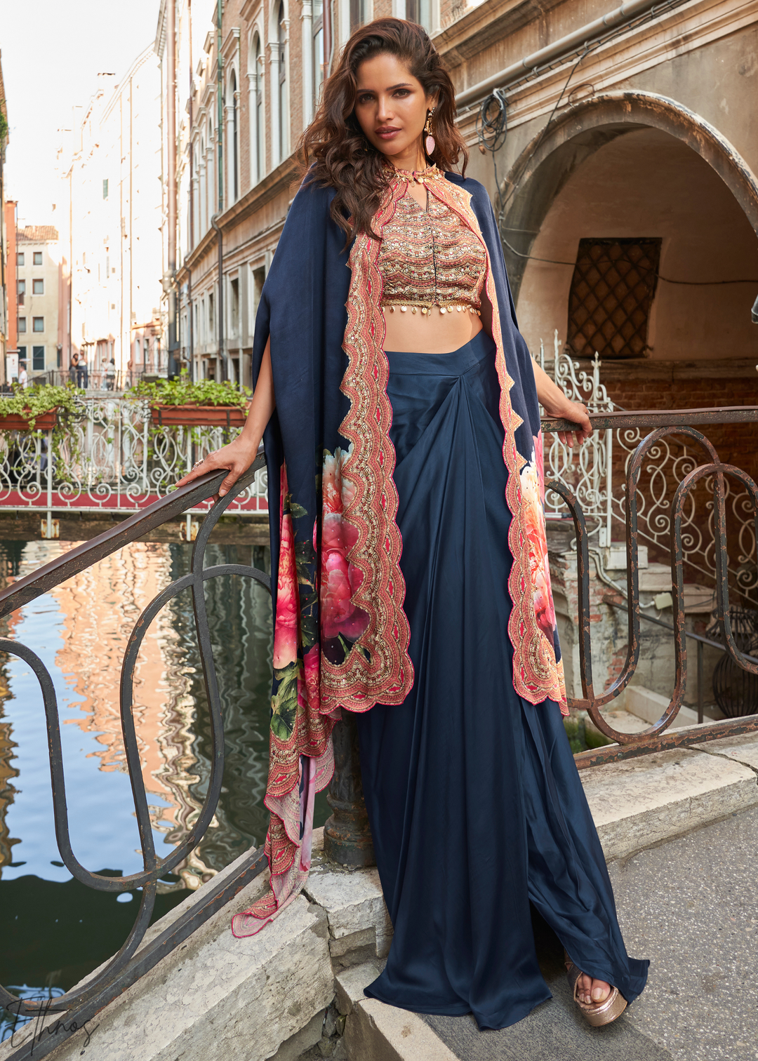 Indigo Crepe Floral Cape Cowl Skirt Set