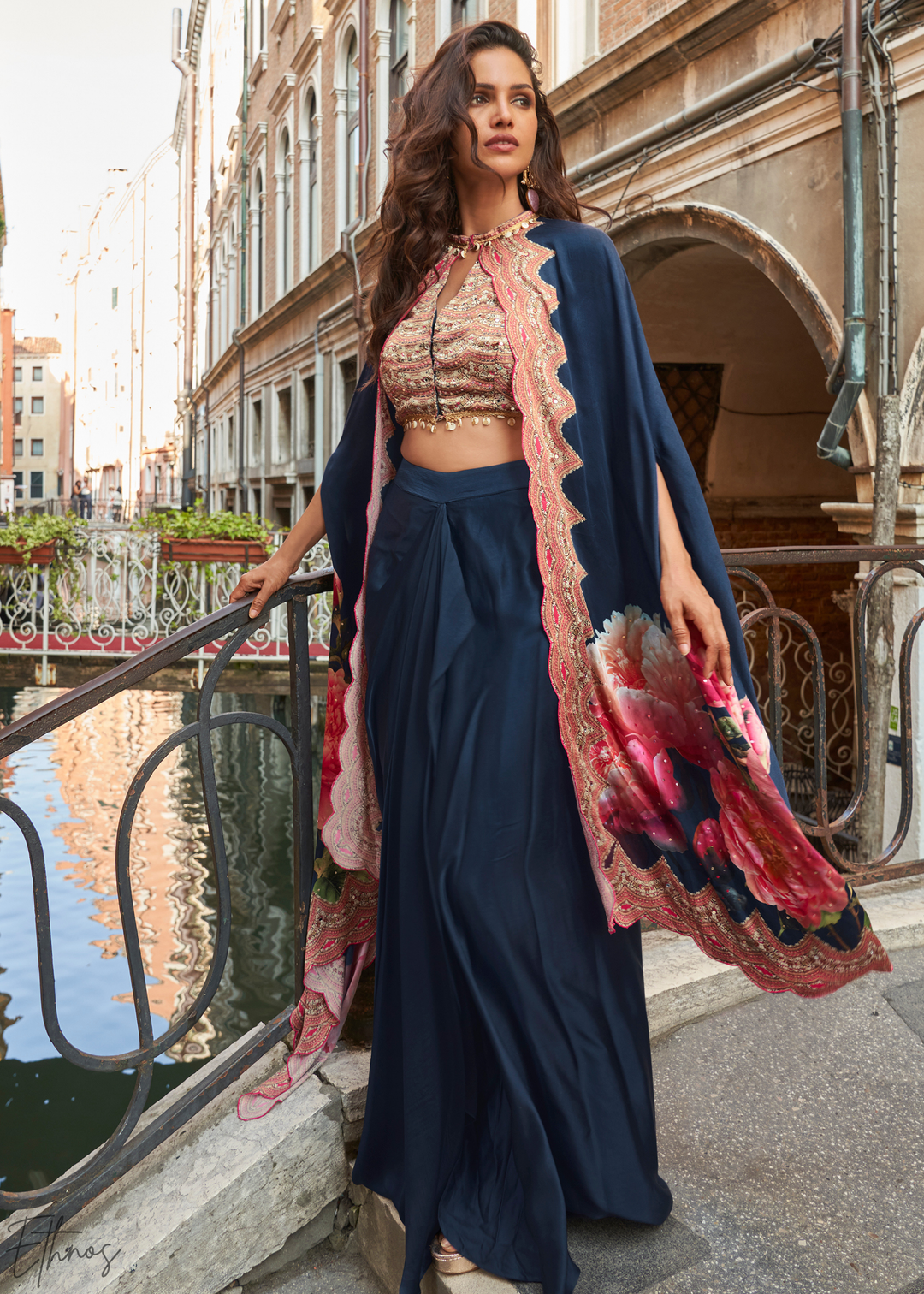 Indigo Crepe Floral Cape Cowl Skirt Set