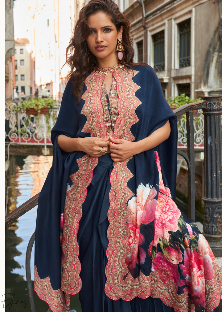 Indigo Crepe Floral Cape Cowl Skirt Set