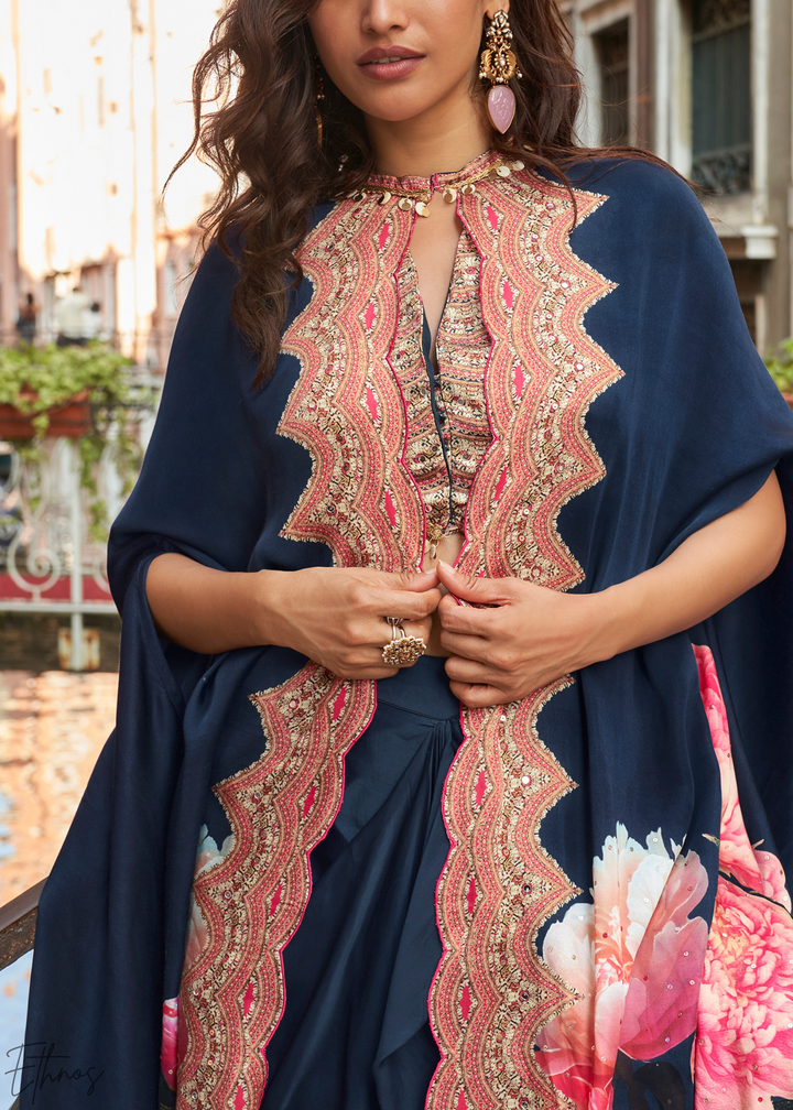 Indigo Crepe Floral Cape Cowl Skirt Set