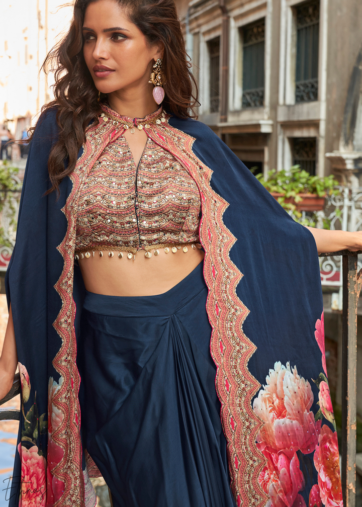 Indigo Crepe Floral Cape Cowl Skirt Set