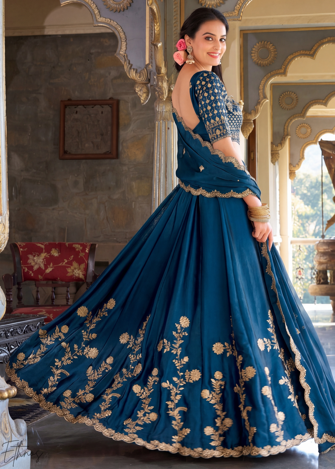 Indigo Floret Zari Rangoli Silk Lehenga