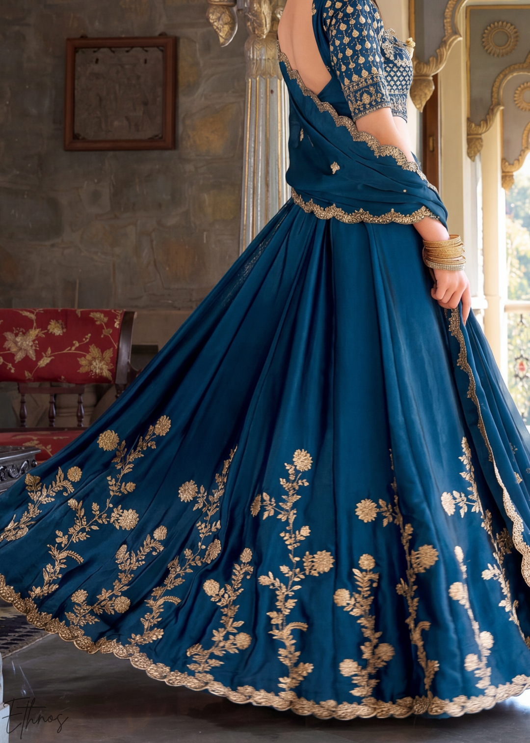 Indigo Floret Zari Rangoli Silk Lehenga