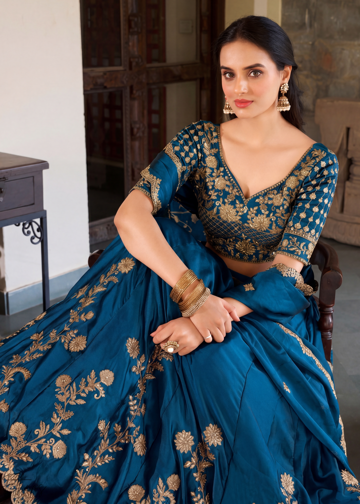 Indigo Floret Zari Rangoli Silk Lehenga