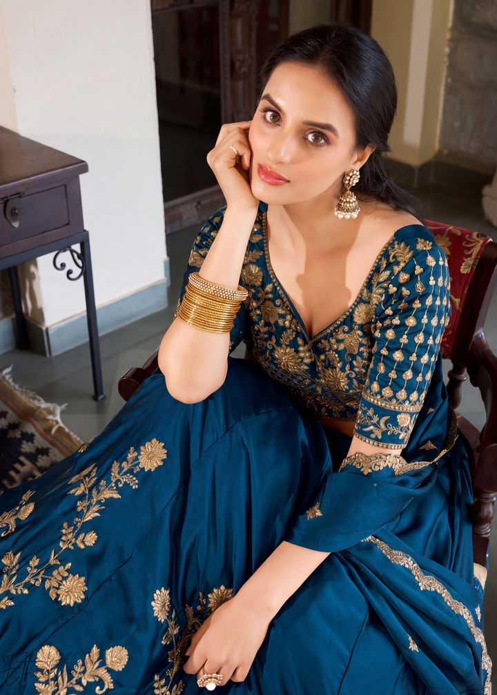 Indigo Floret Zari Rangoli Silk Lehenga