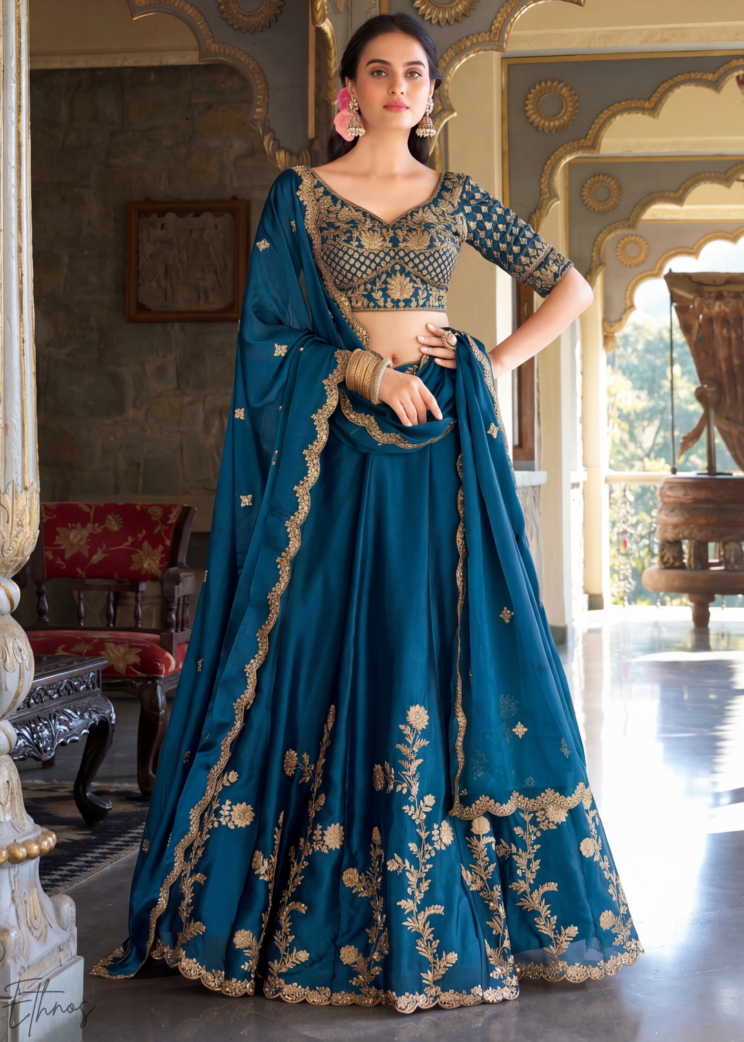 Indigo Floret Zari Rangoli Silk Lehenga