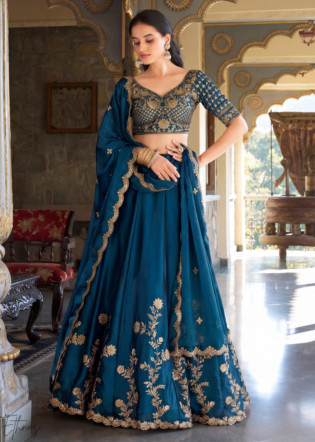 Indigo Floret Zari Rangoli Silk Lehenga