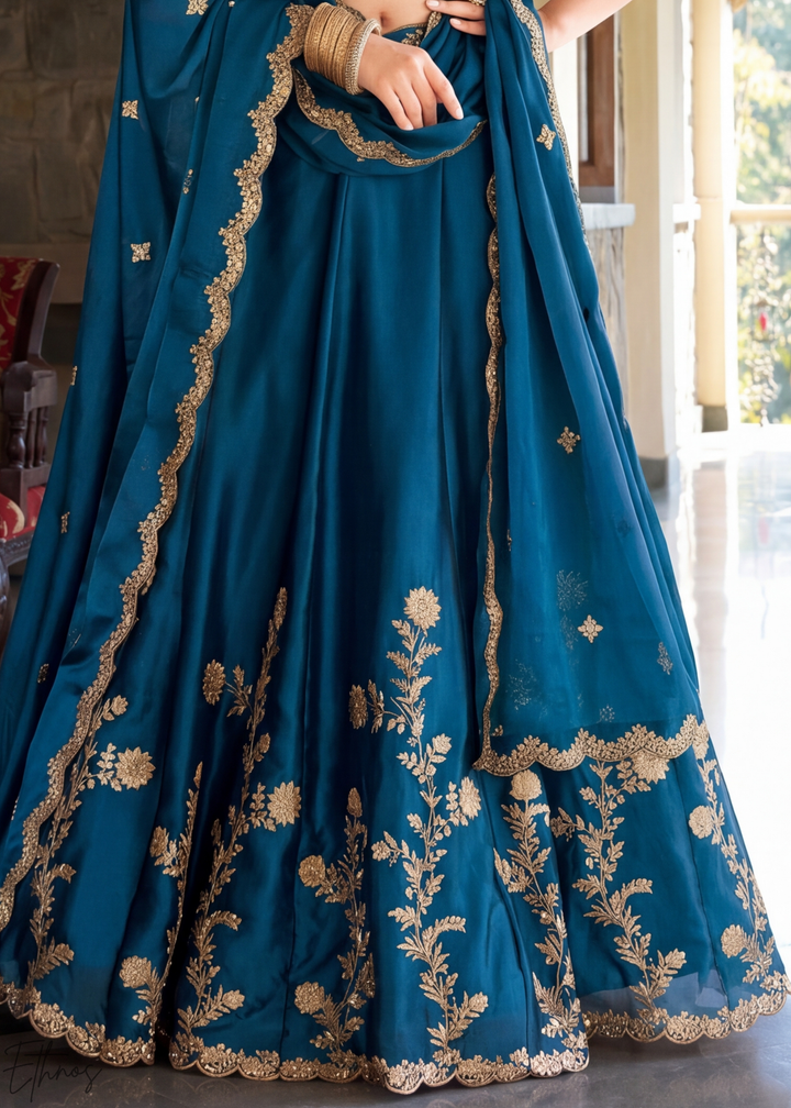 Indigo Floret Zari Rangoli Silk Lehenga