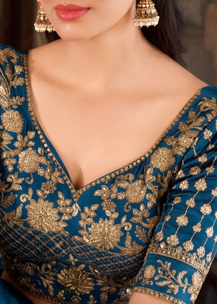 Indigo Floret Zari Rangoli Silk Lehenga