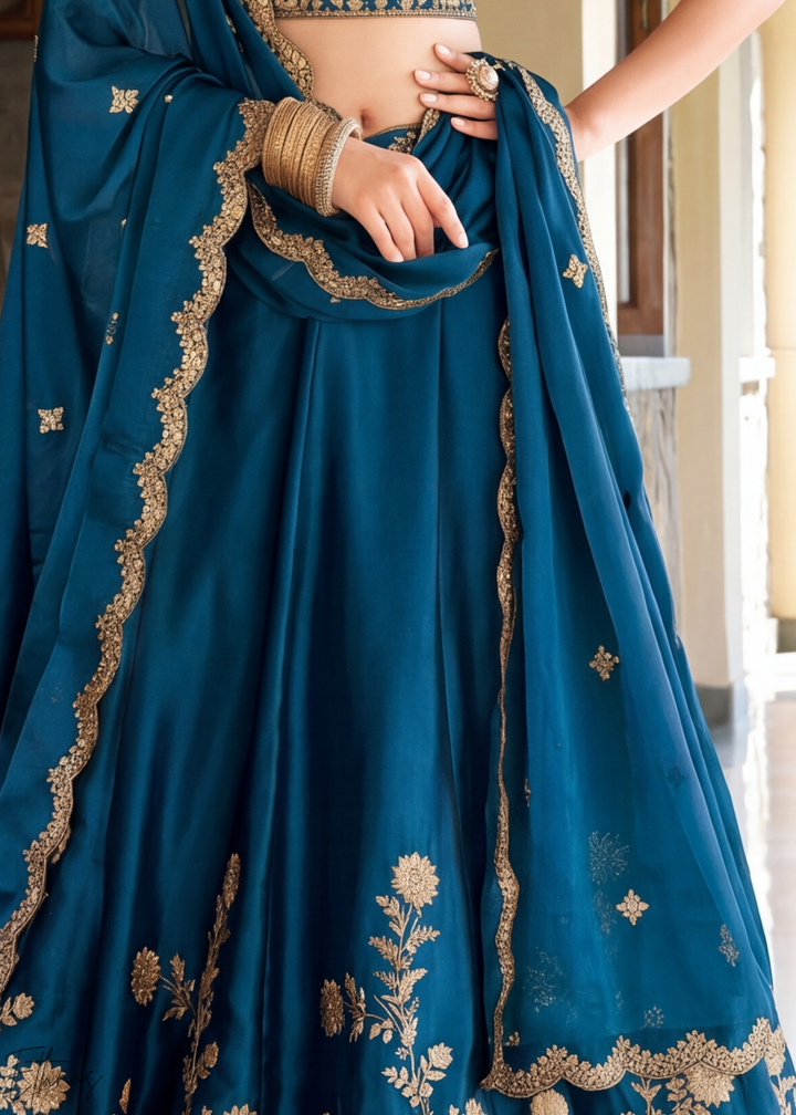 Indigo Floret Zari Rangoli Silk Lehenga