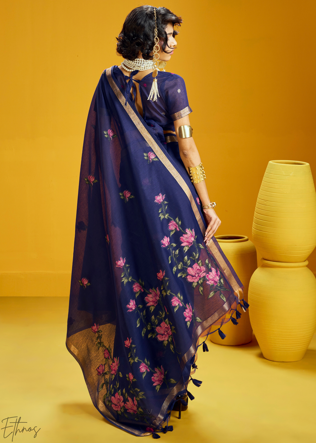Indigo Lotus Jamdani Pallu Munga Cotton Saree